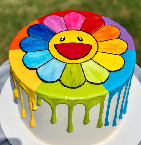 Takashi Murakami Cake, Rainbow Flower Cake, Bright Birthday Cakes, Birthday Cake Rainbow, Takashi Murakami Flower, Flower Birthday Cake, Decade Party, Birthday Cake Decorating Ideas, Murakami Flower