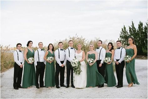 Green White and Black Wedding Party Black Suit Green Dress Wedding, Green Bridesmaid Groomsmen, Groomsmen Green Suspenders, Emerald Bridesmaid Dress With Groomsmen, Emerald Green Suspenders, Beach Men Outfit, Beach Groomsmen, Rustic Groomsmen, Tuxedo Suspenders