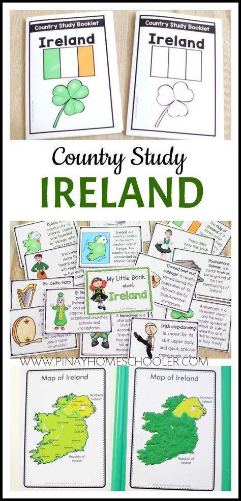 Ideas and resources on the country study about Ireland perfect for geography class and St. Patrick's Day #preschool #homeschool #geography #kindergarten #gradeschool #stpatricksday #ireland St Patricks Day Unit Study, Ireland Bulletin Board Ideas, Ireland Coloring Pages, Ireland Unit Study, World Thinking Day Ireland, Ireland Preschool Activities, Ireland Classroom Decorations, Ireland Crafts For Kids Preschool, Ireland Activities For Kids