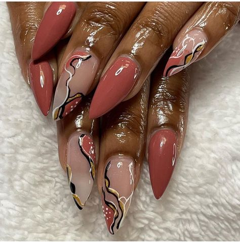 Sculpture Nails Design, Black Woman Nail Designs, Nude Mauve Nails, 90a Nails, Abstract Almond Nails, Almond Shape Nails Designs, Africa Nails, Saved Nails, Pencil Nails