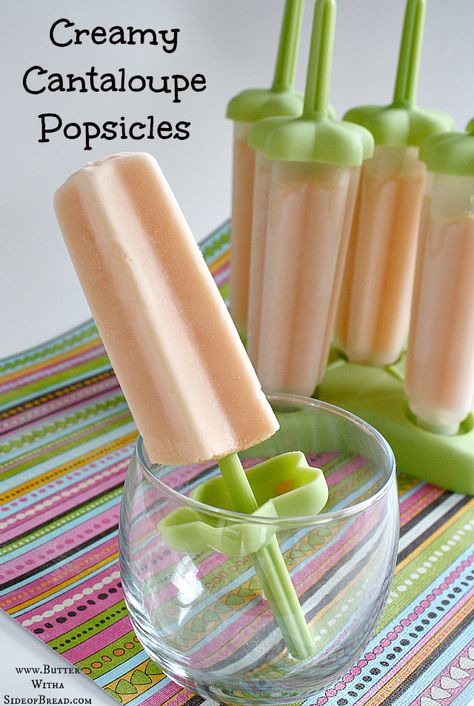 Creamy Cantaloupe Popsicles ~ Butter with a Side of Bread #recipe Cantaloupe Popsicles, Cantaloupe Recipes, Healthy Popsicles, High Protein Desserts, Fruit Popsicles, Homemade Popsicles, Cold Treats, Protein Desserts, Ice Cream Sorbet