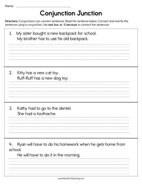 Conjunctions - Have Fun Teaching Conjunctions Worksheet 2nd Grade, Conjunction Worksheet, Conjunction Junction, Teaching Punctuation, Conjunctions Worksheet, Have Fun Teaching, First Grade Activities, Teaching First Grade, First Grade Resources