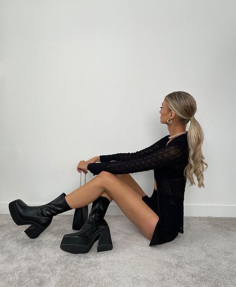 Sock Heels Outfit, Sock Ankle Boots Outfit, Short Black Dress With Boots, Chunky Heel Boots Outfit, Short Heels Outfit, How To Style Platform Boots, Black Sock Boots Outfit, Black Heeled Boots Outfit, Chunky Platform Boots Outfit