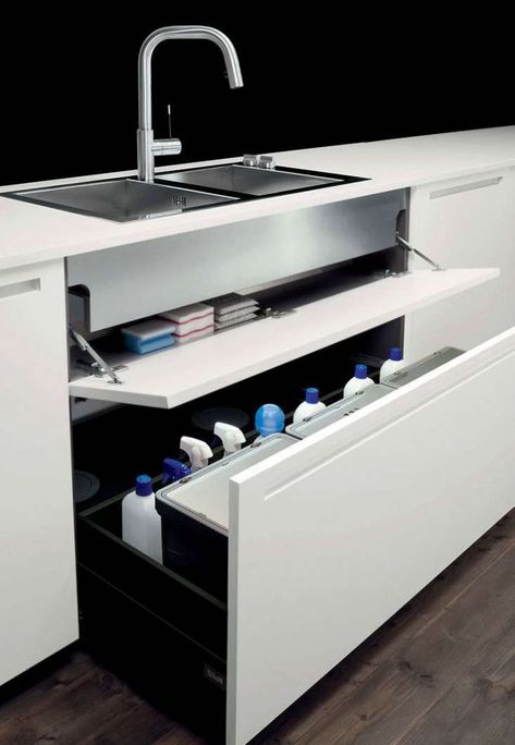 Kitchen Spice Storage, Glossy Kitchen, Organiser Cucina, Clever Kitchen Storage, Kitchen Sink Storage, Hidden Kitchen, Desain Pantry, Under Sink Storage, High End Kitchens