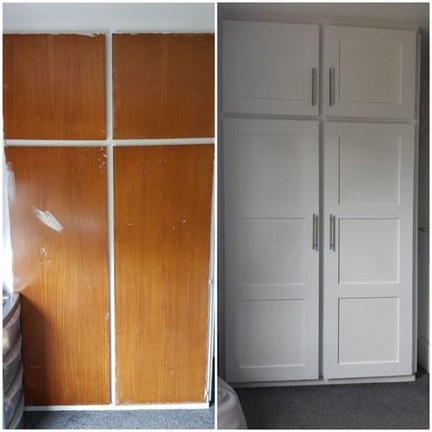 Bedroom Cupboard Renovation, Wardrobe Before And After, Revamp Cupboard Doors, Before And After Wardrobe Makeover, Cupboard Door Makeover, Fitted Wardrobe Doors Makeover, Painting Built In Wardrobes, Painted Cupboards Bedroom, Old Built In Wardrobe Makeover