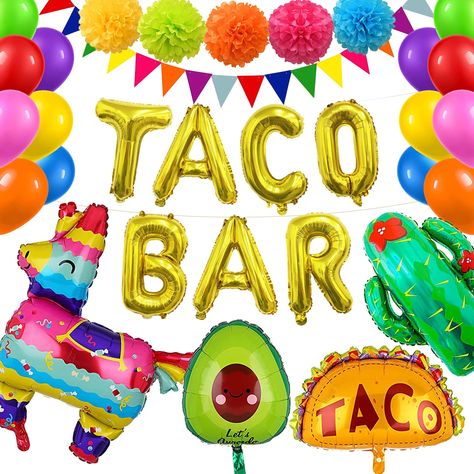 PRICES MAY VARY. 🎈 Super-Cute Mexican Theme Party Decorations Set: Looking for cute fiesta baby shower decorations for baby? Make the fiesta party unforgettable with our taco bar balloons for fiesta party balloon kit, which comes with 14 latex balloons,4 foil balloons including 1 cactus balloon, 1 taco balloon, 1 pinta balloon, 1avocado balloon 5Pcs paper pompoms and a set of taco bar foil letter balloons. 🎈 Keep The Sweet Memories Alive Forever: Create a chic backdrop for colorful pictures on Taco Bar Decorations, Mexican Birthday Party Decorations, Taco Birthday Party, Taco Party Decorations, Birthday Party Decorations Balloons, Fiesta Theme Party Decorations, Mexican Fiesta Party Decorations, Taco Birthday, Mexican Theme Party Decorations