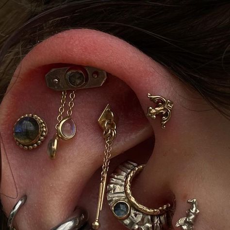 Gold Earrings Stack, Piercings Corps, Types Of Ear Piercings, Cool Ear Piercings, Forward Helix, Ear Style, Piercings Unique, Body Jewelry Piercing, Precious Jewels