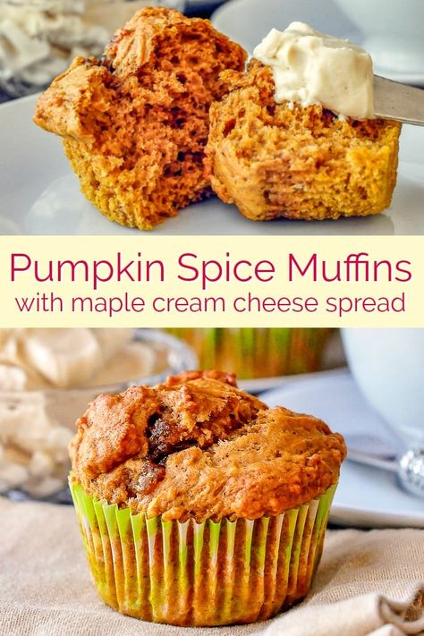 Pumpkin Spice Muffins with Maple Cream Cheese. Fragrantly spiced, moist pumpkin muffins with a sweet and creamy maple cream cheese spread. #breakfast #brunch #muffinrecipes #sundaybrunch #weekend #weekendvibes Moist Pumpkin Muffins, Maple Cream Cheese, Cream Cheese Spread, Rock Recipes, Spice Muffins, Pumpkin Spice Muffins, Maple Cream, Cream Cheese Spreads, Food Stamps