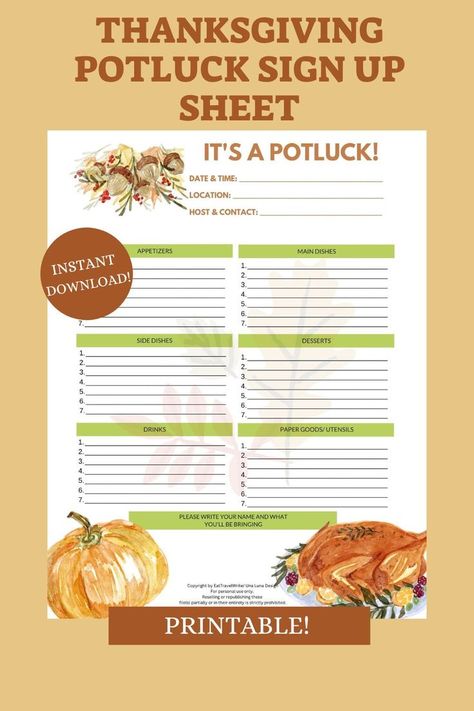 Thanksgiving Potluck Sign Up Sheet makes planning your event so simple! Instant download upon purchase and can be printed in color or black and white. #thanksgiving #friendsgiving #potluck #printable Thanksgiving Potluck Sign Up Sheet, Potluck Sign Up Sheet, Friendsgiving Potluck, Office Potluck, Thanksgiving Potluck, Thanksgiving Planner, Holiday Lanterns, Thanksgiving Friendsgiving, Christmas Pots