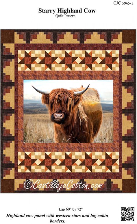 Starry Highland Cow Quilt Pattern by Castilleja Cotton Quilt Patterns Western, Fabric Panel Quilts Free Pattern, Quilts With Panels, Highland Cow Quilt, Cow Quilt Pattern, King Size Quilt Patterns, Elk Quilt, Panel Quilts Ideas Layout, Lotus Quilt