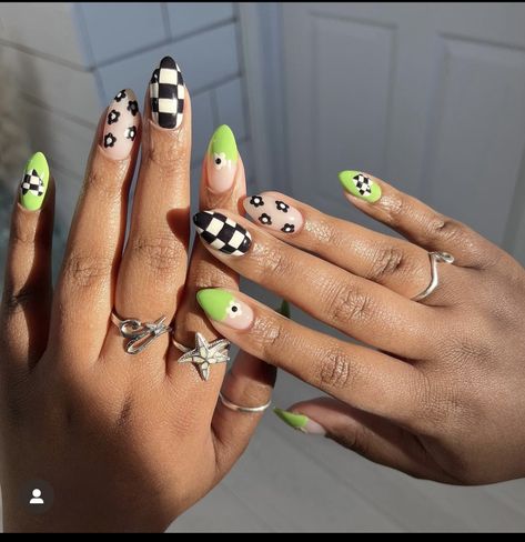 Lime Green Checkered Nails, How To Paint Checkered Nails, How To Checkered Nails, Green Checkered Nails, Checkered Nail Designs, Checker Nails, Checkerboard Nails, Checkered Nails, Mickey Nails