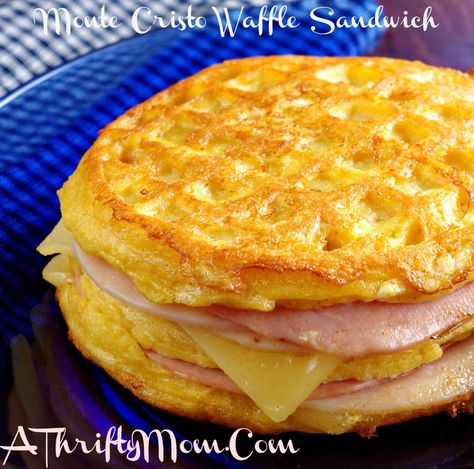 Eggo Waffle Ideas Breakfast, Monte Cristo Waffle Sandwich, Eggo Waffle, Sandwich Lunch, Eggo Waffles, Waffle Iron Recipes, Waffle Maker Recipes, Honey Ham, Mom Recipes