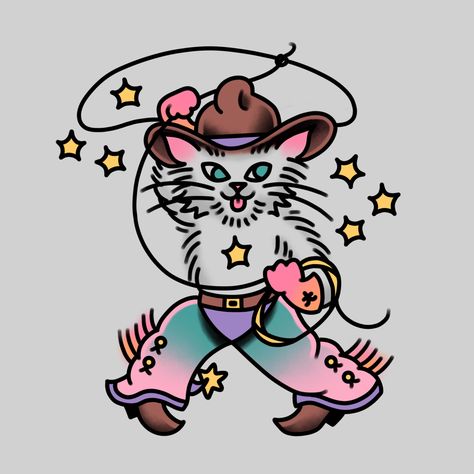 Traditional cowboy cat tattoo cute pastel Funny Traditional Tattoos, Cowboy Cat Tattoo, Desenhos Old School, See Tattoo, Cowboy Tattoos, Traditional Tattoo Inspiration, Oregon House, Tattoo Me, Traditional Style Tattoo