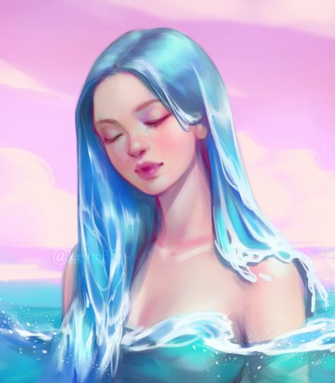 ArtStation - Water hair Hair Made Of Water Drawing, Water Hair Illustration, Water Sprite Art, Water People Art, Ocean Hair Drawing, Water Hair Character, Water Character Illustration, Blue Hair Mermaid Art, Water Woman Art