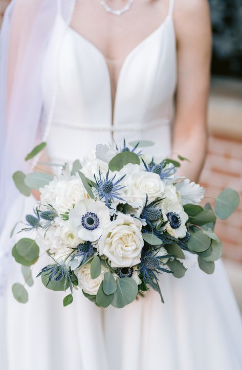 White Rose And Blue Flower Bouquet, White With Blue Bridal Bouquet, Blue Thistle Bridal Bouquet, Dusty Blue And Navy Bridal Bouquet, White Anemone Bridal Bouquet, Bridal Bouquet With Blue Flowers, Simple Dusty Blue Bouquet, Dusty Blue White And Greenery Bouquet, White Roses And Anemones