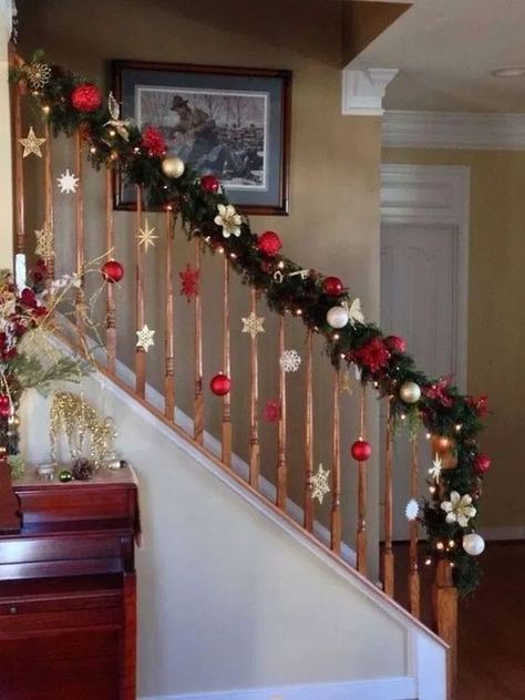 100+ Cheap and Easy DIY Christmas Decor Ideas that proves Elegance is not Expensive - Hike n Dip Christmas Banister, Christmas Stairs Decorations, Christmas Staircase Decor, Classy Christmas Decor, Christmas Stairs, Christmas Staircase, Dollar Tree Christmas Decor, Staircase Decor, Dollar Tree Christmas