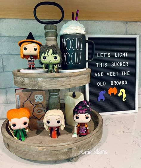 Aqua Halloween Decor, Hocus Pocus Tiered Tray Decor, Hocus Pocus Living Room, Hocus Pocus Bedroom, Hocus Pocus Snack Ideas, Hocus Pocus Tiered Tray, Hocus Pocus Decorations, Halloween Bunco, Halloween Tray