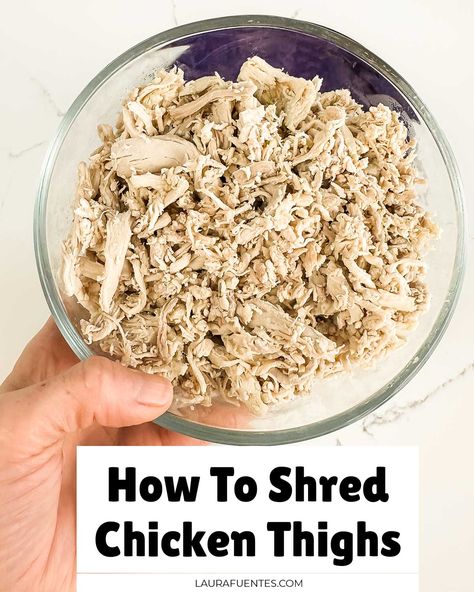 Easy, juicy shredded chicken thighs. Chicken Thigh Shredded, Shredded Chicken Thigh Recipes, Shredded Chicken Dishes, Shredded Chicken Thighs, How To Shred Chicken, Shredding Chicken, Juicy Shredded Chicken, Shred Chicken, Chicken Lettuce Cups