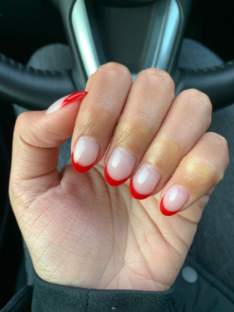 Red Tip Manicure, Red Simple Nails, Short Acrylic Nails Red, Red French Tip Nails Short, Red Round Nails, Short Red French Tip Nails, Red Tips Nails, Preppy Diys, Red Tip Nails