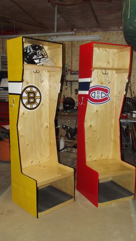 Hockey Garage, Hockey Gear Storage, Hockey Stick Furniture, Hockey Locker, Woodworking Christmas, Hockey Diy, Hockey Crafts, Bedroom Upstairs, Hockey Bedroom