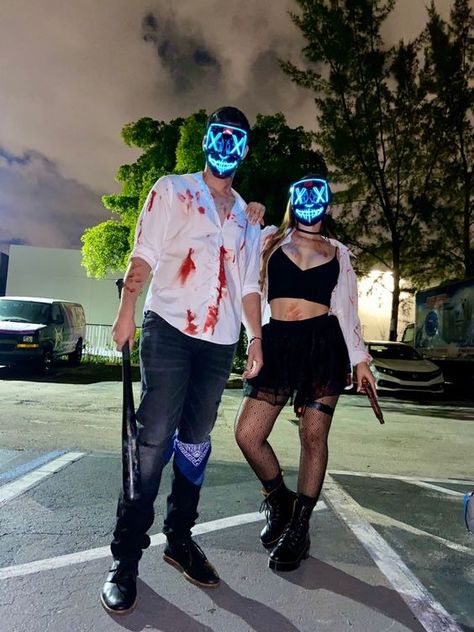 50+ Unique Couples Halloween Costumes to Impress This Year Boyfriend And Girlfriend Matching Halloween Costumes, Men Purgecostume Halloween, Couple Purgecostume Halloween, Purgecostume Halloween Couples, Purgecostume Halloween Group, The Purg Halloween, Couples Scary Halloween Costume, Scary Couple Costumes For Halloween, Casual Costumes Halloween