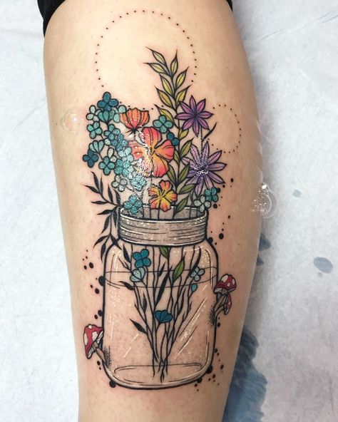 Sunflower In Mason Jar Tattoo, Mason Jar With Birth Flower Tattoo, Mason Jar With Flowers Tattoo, Flowers In Mason Jar Tattoo, Flower In A Jar Tattoo, Jar Of Flowers Tattoo, Mason Jar Tattoo Flowers, Mason Jar Flower Tattoo, Glass Jar Tattoo