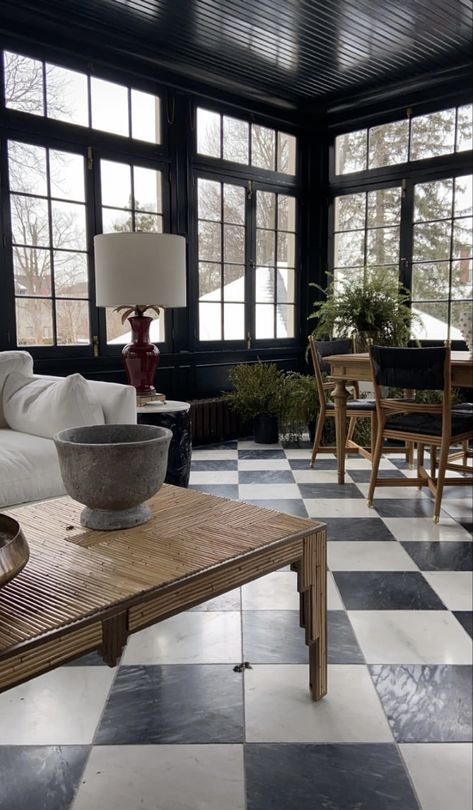 New England Transitional, Black And White French Country Living Room, Sunroom Black And White Floor, Black And White Check Floor Kitchen, Black And White Tile Sunroom, Four Chair Sitting Room, Large Checkered Tile Floor, Sunroom Interior Design, Black Sunroom