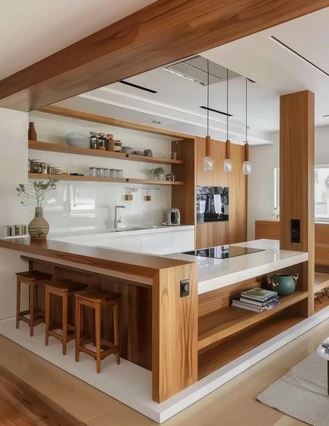 Modern Style Kitchen Interior Design, Island Layout Kitchen, Kitchen With Columns Islands, Kitchen With Pillar In Island Modern, Wood Kitchen Bar Counter, Wood Kitchen Peninsula, Kitchen Island Bar Wood, Kitchen Design With Window, Open Kitchen Partition Ideas Wood