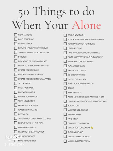 50 Ways to Spend Time Alone | Gallery posted by Staci York 💛🍋 | Lemon8 How To Spend Time With Yourself, 50 Lists To Make When Youre Feeling Down, How To Spend Your Alone Time, 101 Things To Do, 50 Ways To Spend Time Alone, Summer Alone Ideas, Solo Things To Do, Things To Do On Your Day Off, Solo Bucket List