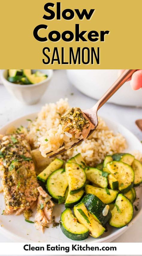 Here’s how to make tender Slow Cooker Lemon Salmon for the ultimate easy dinner. The cooked fish is served with a garlic lemon sauce that is healthy and delicious! Save this crockpot salmon recipe to make later! Salmon In Slow Cooker, Crock Pot Salmon, Crock Pot Fish, Crockpot Fish, Slow Cooker Seafood, Crockpot Salmon, Dairy Free Dinner Ideas, Recovery Recipes, Slow Cooker Salmon