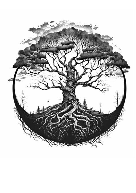 Viking Tree Of Life Tattoo, Tree Of Life Tattoo Men, Family Tree Tattoo Ideas, Tree Tatto, Yggdrasil Tattoo, Yggdrasil Tree, Family Tree Tattoo, Patchwork Ideas, Hand And Finger Tattoos