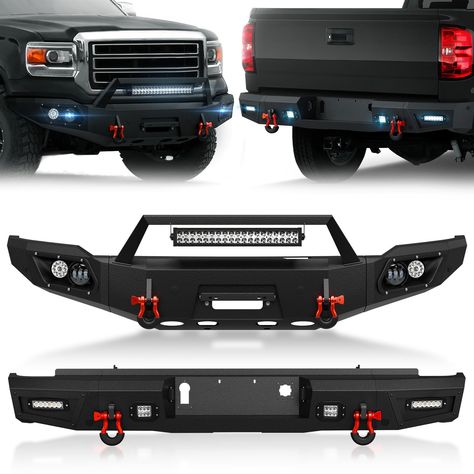 PRICES MAY VARY. 【Fitment】Prior to completing your purchase, please verify the product's fitment with GMC Sierra 1500 models ranging from 2014 to 2015. 【Complete Accessories】The front bumper is equipped with a 12,000 lbs winch plate, two 4.75-ton D-rings, a license plate bracket, sensor holes, a 120W LED spotlight, and four 18W LED spotlights. The rear bumper includes four 18W LED lights, D-rings, sensor holes, removable elements, and pre-drilled holes for a license plate and a trailer plug. Bot Gmc Truck Accessories, 2015 Gmc Sierra 1500, Truck Bumper, Off Road Bumpers, Gmc Pickup Trucks, Truck Mods, Truck Bumpers, Gmc Pickup, Gmc Truck