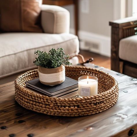 Round Table Tray Decor Ideas, Basket On Coffee Table Decor, Rattan Tray Decor Coffee Tables, Round Coffee Table Tray Styling, Living Room Side Table Decor Ideas, Coffee Table Basket Decor, Circle Coffee Table Decor, Round Coffee Table Styling Ideas, Circle Tray Decor