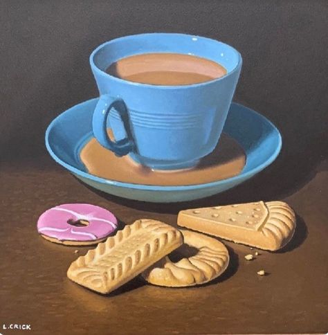 Lucy Crick - Spilt tea and biscuits Tea And Biscuits, Still Life Images, Spilled Coffee, Perspective Art, Life Paintings, Cute Corgi, Tea Art, Painting Still Life, Art Studies