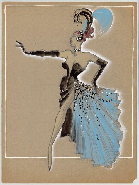 Costume design drawing, black gown with light blue train, circa 1950s Oud Hollywood, Costume Design Sketch, Showgirl Costume, Burlesque Costumes, Burlesque Costume, Blue Train, Drawing Black, Guys And Dolls, Fashion Art Illustration