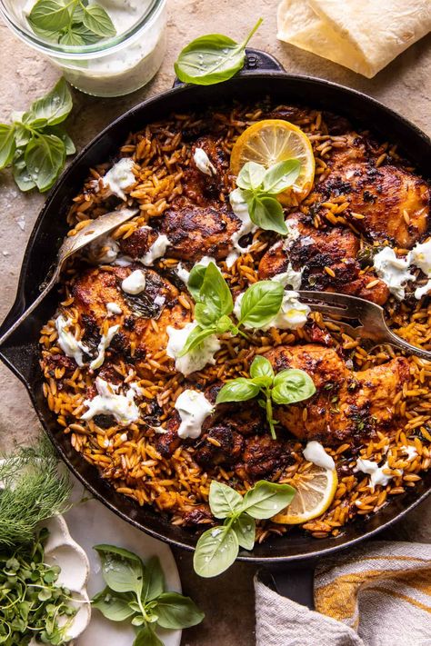 One Skillet Chicken Tzatziki and Orzo | halfbakedharvest.com Chicken Tzatziki, One Skillet Chicken, Tzatziki Chicken, Half Baked Harvest Recipes, College Cooking, Homemade Tzatziki Sauce, Homemade Tzatziki, Skillet Dishes, Paprika Chicken