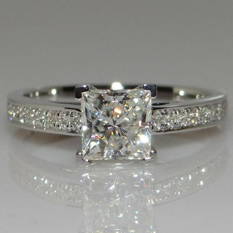 Solitaire With Accent Princess Cut Moissanite Engagement Ring,  14K Solid White Gold Unique Wedding Ring, Brid Gift Ring, Anniversary Gift ♦ Main Stone: Lab Diamond/Moissanite ♦ Size: 6.5 mm ♦ Cut: Princess ♦ Shape: Square ♦ Color: Colorless ♦ Ring Metal: 925 Silver/Gold ♦ Nickle Free ♦ Free Shipping to the United States ✥ O T H E R ∙ I N F O R M A T I O N ✥ ♦ We provide the Certification for Moissanite Diamond Rings. ♦ Your item will be nicely packed to gift in elegant jewelry boxes. ♦ Some pictures show the listed engagement ring with various bands just to show how versatile it looks when paired with them, but they are not included with the product. ✥ T U R N ∙ A R O U N D ∙ T I M E ✥ ♦ Our turnaround time is about 6 days for the given design and finishes or 7 to 10 business days for cus Square Diamond Engagement Ring, Princess Diamond Ring, Square Diamond Rings, Bridal Party Jewelry, Sapphire Birthstone, Princess Cut Engagement Rings, Princess Cut Diamond, Square Rings, Square Diamond