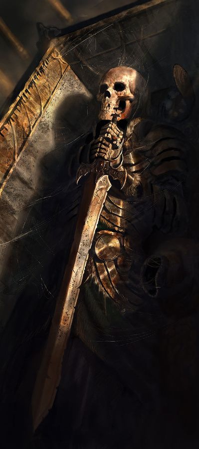 Skeletal warrior in coffin - I like the idea of using my Toledo Steel sword for this! Make a shield for it? Fantasy Skeleton Warrior, Heroic Fantasy, Grim Reaper, Art Digital, Memento Mori, Medieval Fantasy, Skull Art, Fantasy Artwork, Fantasy World