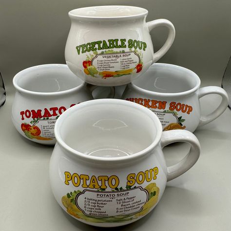 Indulge in the warmth of a hearty soup or your favorite beverage in these charming vintage soup mugs from Dat'l Do-It Inc. Each mug has stood the test of time, maintaining its wonderful vintage condition. While you may notice subtle nuances in the ceramic, rest assured that there are no chips. The Chicken Soup mug has a ceramic flaw on the inside.  Shown in pictures.  Does not affect the use.   Will combine shipping if you purchase multiple. Ceramic Soup Mugs, Carrot Potato Soup, Ikea Wishlist, Ceramics Ideas, Pinch Pots, Soup Mugs, Ceramics Ideas Pottery, Hearty Soups, Vintage Life