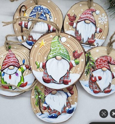 Gnome Wood Slice Ornament Diy, Hand Painted Christmas Tree On Wood, Christmas Personalized Gift Ideas, Group Christmas Ornament Craft, Painted Wood Cookie Ornaments, Hand Painted Wood Slice Christmas Ornaments, Christmas Painted Ornaments Wood, Painted Wood Slices Christmas, Paint On Wood Ideas