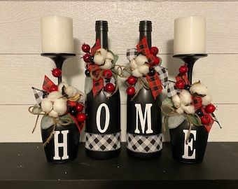 Plaid Farmhouse Decor, Rustic Bedrooms, Wine Crafts, Wine Glass Candle Holder, Wine Glass Decor, Wine Glass Candle, Crafty Decor, Buffalo Plaid Decor, Farmhouse Candles