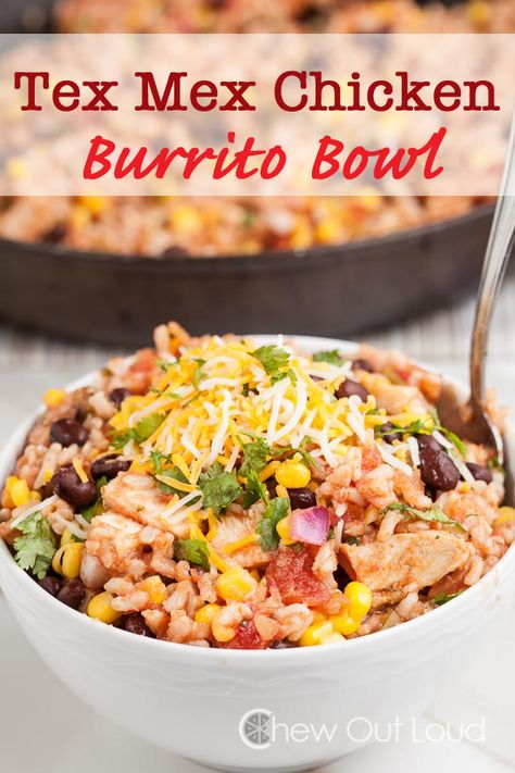 This Tex Mex Chicken Burrito Bowl is healthy, delicious, and easy. Brown rice improves the health factor without sacrificing any flavor. It's everything you love about a chicken burrito, in a bowl. Tex Mex Chicken, Chicken Chopped Salad, Chicken Burrito, Chicken Burrito Bowl, Burrito Bowls, Chicken Burritos, Tex Mex Recipes, Burrito Bowl, Tender Chicken