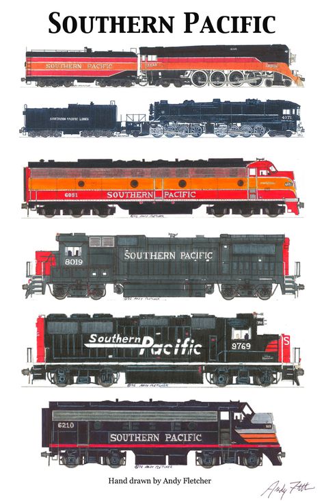 6 hand draw Southern Pacific engine drawings by Andy Fletcher Andy Fletcher, Train Drawing, Train Posters, Railroad Pictures, Southern Pacific, Ho Trains, Railroad Photography, Lionel Trains, Electric Train