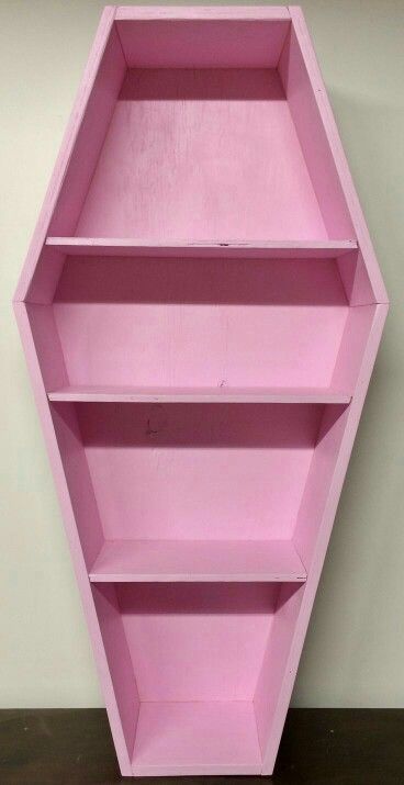 Pastel Goth Room Ideas, Pink Goth Room, Coffin Bookcase, Pastel Goth Room, Pastel Goth Decor, Coffin Shelf, White Bookshelf, Goth Bedroom, Gothic Room