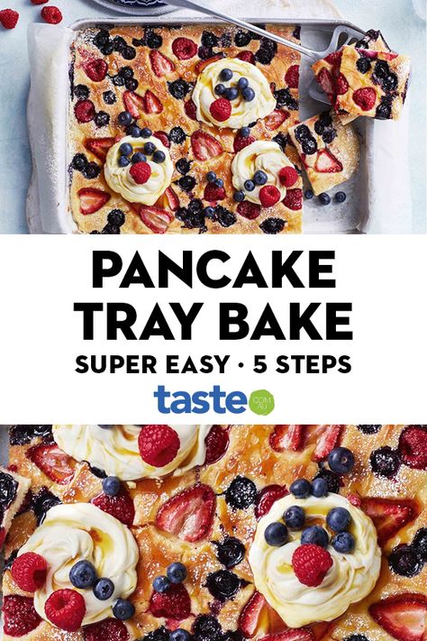 Tray Bake Pancakes, Breakfast Tray Bake, Tray Bake Breakfast, Tray Pancakes, Pancake Tray, Blueberry Lemon Cake Recipe, Buttermilk Pancake, Berry Pancakes, Pancakes Pancakes