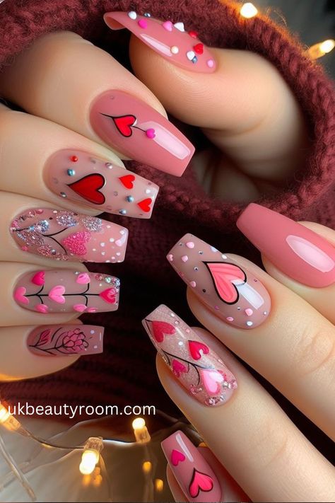 Pink White Nails, Square French, Acrylic Pink, Valentine Nail Art, Heart Nail Art, Long Nail Designs, Short Almond, White Nail Art, Pink Square