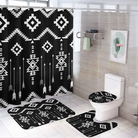 PRICES MAY VARY. Polyester 【4PCS SET INCLUDES】One Shower Curtain + One Bath Mat + One Contour Rug + One Toilet Lid Cover. Size: Shower Curtain-72"W x 72"H (183cm x 183cm),Contour Rug-29.1"W x 17.5"L(74cm x 44.5cm),Bath Mat-17.3"W x 14"L(44cm x 35.5m) ,Toilet Lid Cover-13.4"W x 17.7"L(34cm x 45cm). 【HIGH QUALITY MATERIAL】This JretailAx Native American Geometric Arrow four-piece set shower curtain is made of polyester fiber, which is waterproof and durable. Non-slip bath mat and rug are made of hi Geometric Arrow, Contour Rug, Toilet Lid Cover, Bathroom Decor Sets, Arrow Print, Bathroom Accessory Sets, Curtain Sets, Shower Curtain Sets, Cover Size