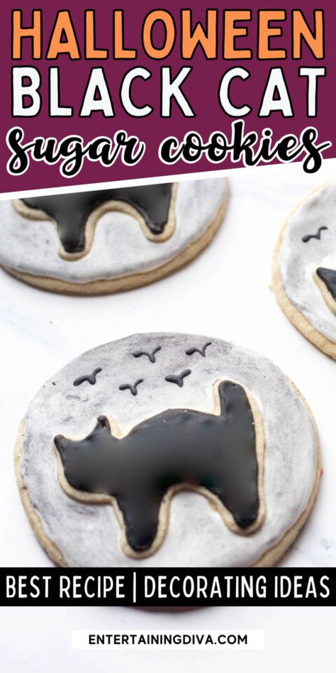 Dress up your Halloween cookies with this super elegant black royal icing. Black cat sugar cookies are a wonderful treat idea that everyone will love. You have to try out this black sugar cat cookie recipe that will make your Halloween food table extra special. Black Cat Sugar Cookies, Cat Sugar Cookies, Black Royal Icing, Sugar Cookies Halloween, Halloween Party Menu, Black Cat Cookies, Moon Cookies, Halloween Cookie Recipes, Cookies Halloween