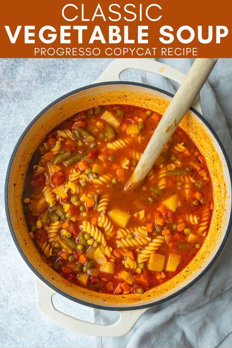 Make a comforting winter soup with this Progresso Copycat Classic Vegetable Soup! This tomato based vegetable soup is loaded with veggies, potatoes, and some rotini pasta to make it extra filling. Tomato Based Soups Vegetarian, Vegetable Soup With Tomato Sauce, Vegetable Pasta Soup Recipe, Vegetable And Noodle Soup, Crockpot Vegetable Soup With Noodles, Pasta Soup Recipes Vegetarian, Tomatoe Base Vegetable Soup, Vegetable Soup Tomato Base, Tomato Pasta Soup Recipes