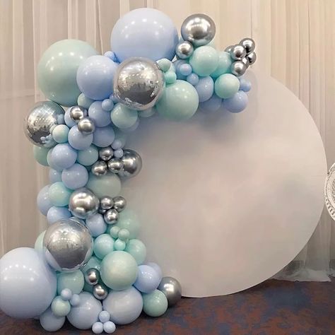 Balloon Arch Diy, Baby Shower Balloon Arch, Anniversaire Diy, Boy Baby Shower Ideas, Pastel Balloons, Silver Balloon, Metallic Balloons, Balloon Ribbon, Garland Arch